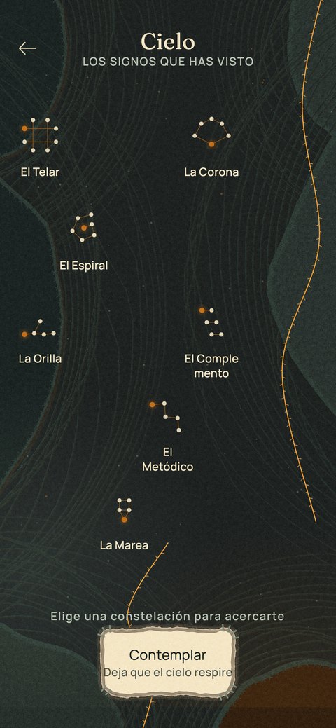 El cielo de signos de Losela: constelaciones con nombre —El Telar, La Corona, El Espiral— sobre un fondo nocturno