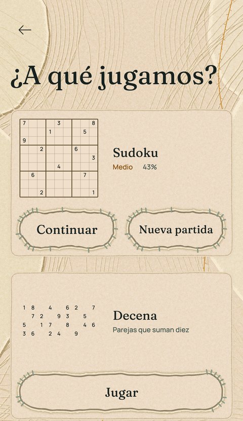 Pantalla «¿A qué jugamos?» de Losela, con Sudoku a media partida y Decena debajo