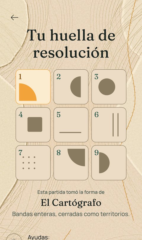 La huella de resolución: una composición 3×3 con el orden en que se cerraron los bloques, bajo el rótulo «Esta partida tomó la forma de El Cartógrafo»